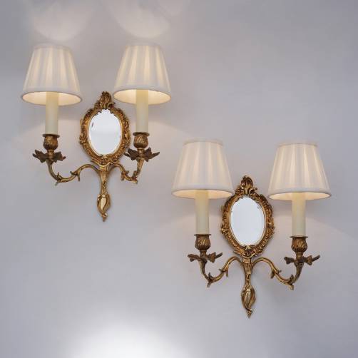 Pair antique girandole wall lights sconces by Meret Freres, Rococo style, gilt bronze, 1920`s ca, French